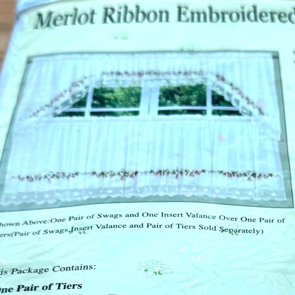Canjoy Trading Merlot Ribbon Embroidered‎ Tier Curtains Ivory 60x24 Floral Lace